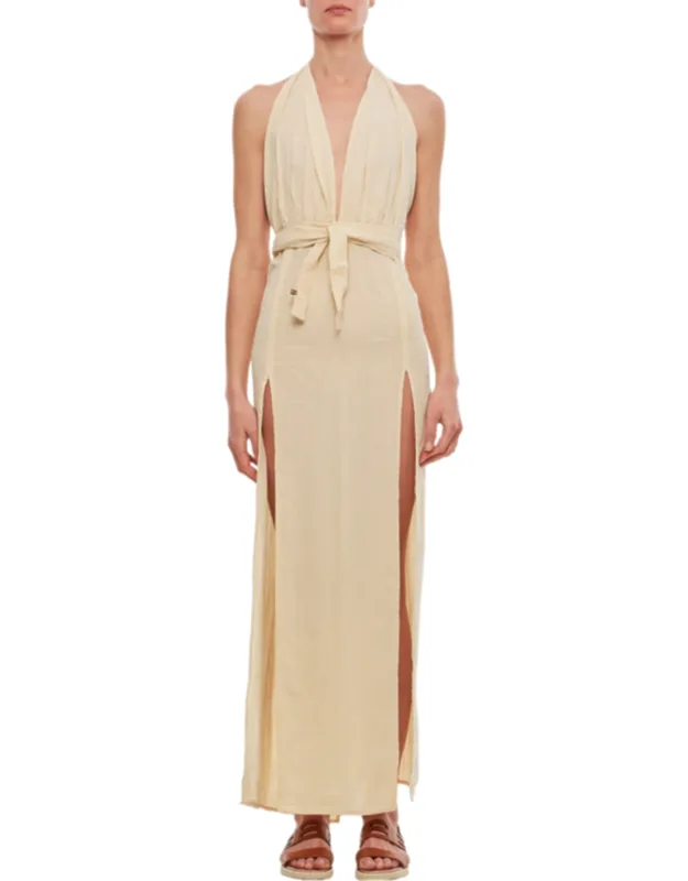 Cotton Maxi Dress With Deep V Neckline And Slits