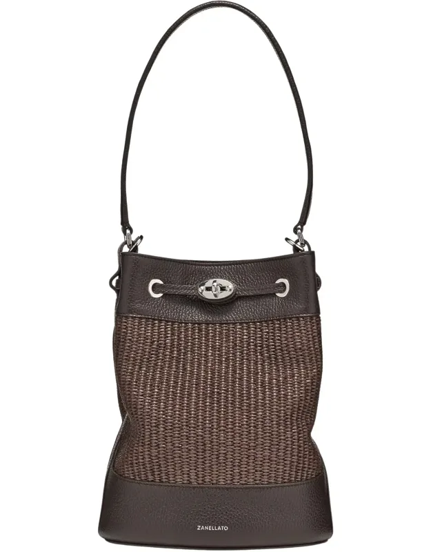 Woven Texture Leather Trim Bucket Bag