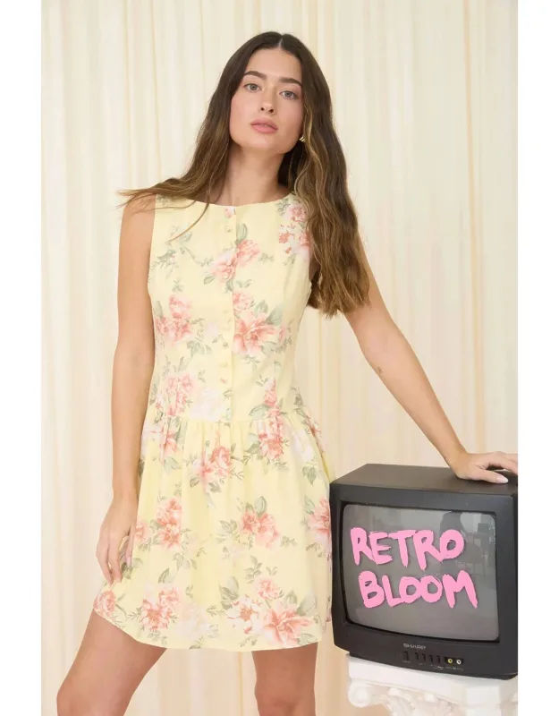 Floral Boat Neck Sleeveless Button Down Mini Dress