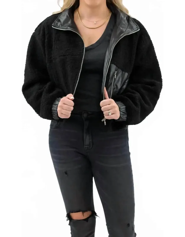 Faux Leather Collar Sherpa Crop Jacket
