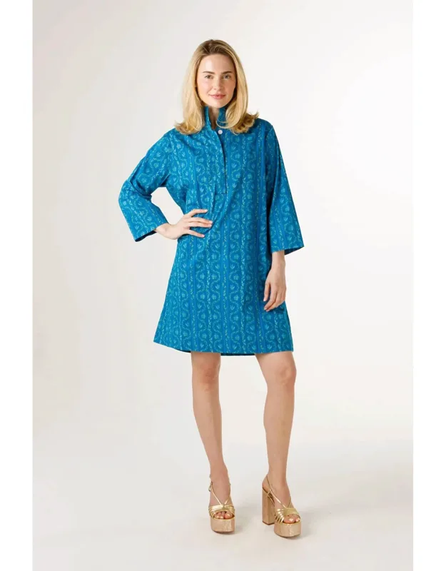 Arden Dress In Stripe With Stand Collar And Three-quarter Sleeves