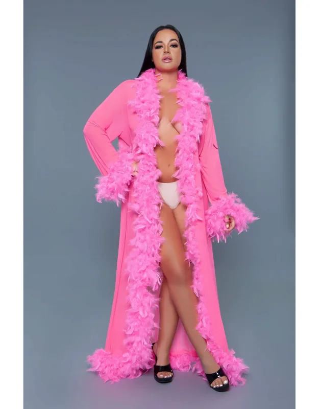 Long Glamour Chiffon Robe With Feather Boa Trim