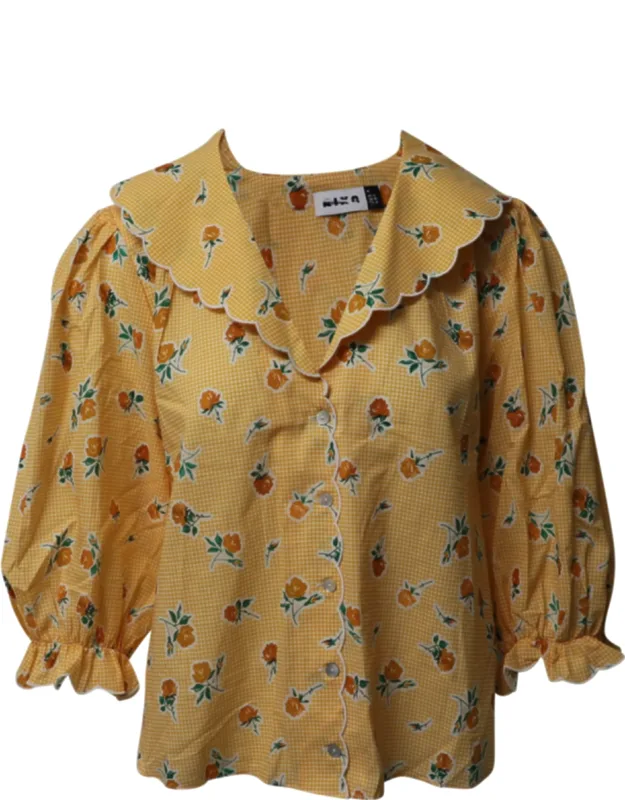 Gingham Collared Blouse With Puff Sleeves
