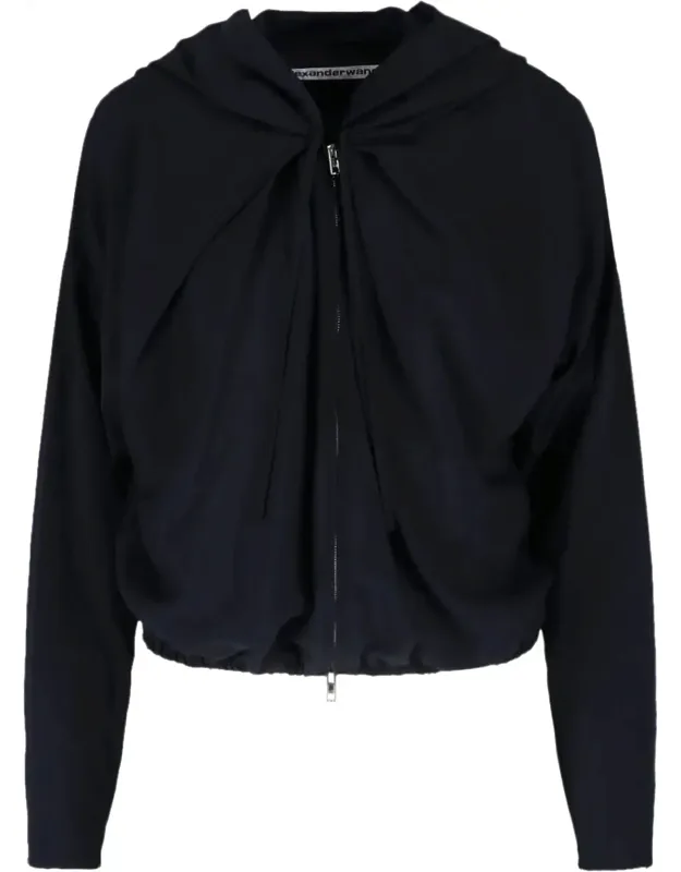 Cropped Zip-up Sweater With Gathered Neckline And Hood