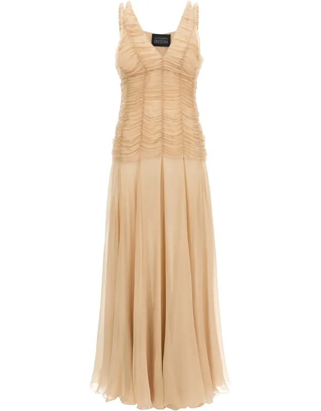 Giovanni Bedin Silk Long Dress With Smock Effect And V-neck
