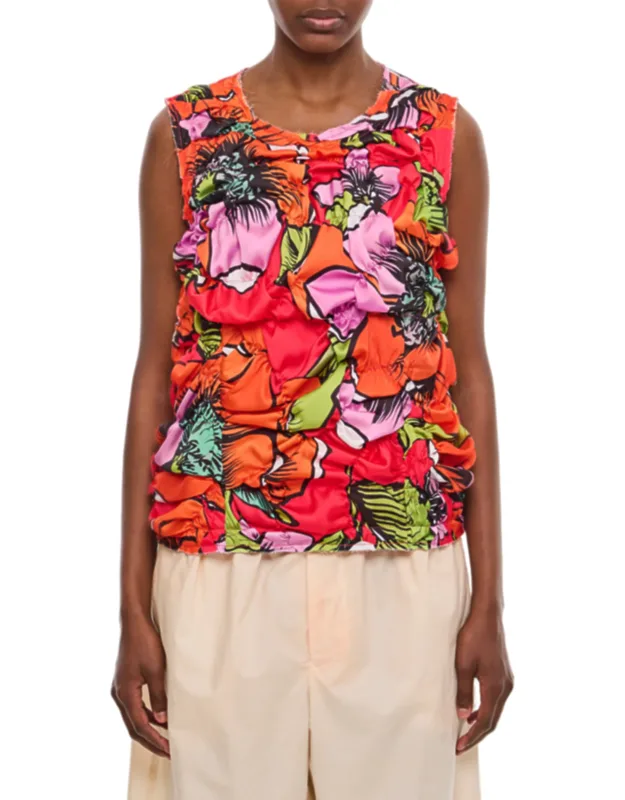 Pleated Floral Top With Draped Effect And Zipped Back Closure