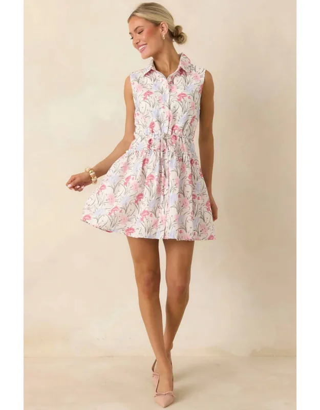 Embroidered Floral Print Collared Fit And Flare Mini Dress