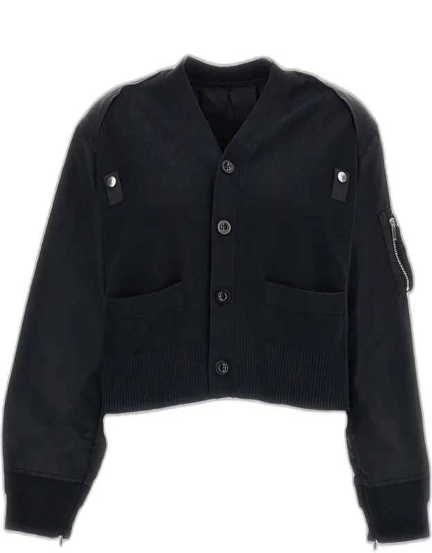 Knit And Nylon Twill Cardigan