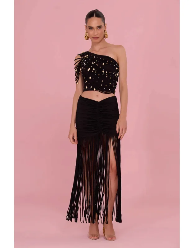 Lyria Jersey Fringe Maxi Skirt
