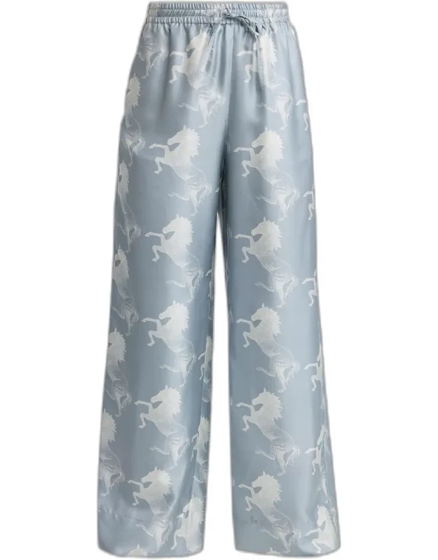 Horse Printed Silk Twill Wide-leg Drawstring Pants