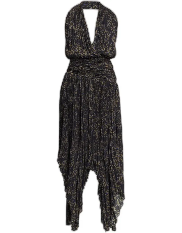 Pleated Halter Handkerchief Maxi Dress