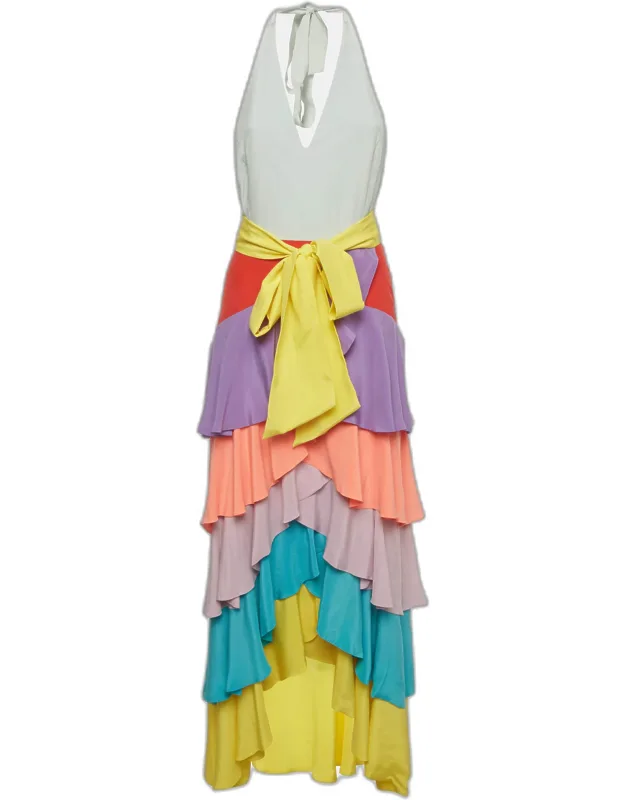 Multicolor Crepe Halter Neck Ruffle Maxi Dress