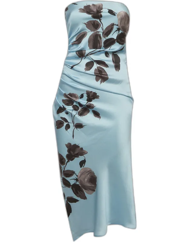 Floral Print Satin Strapless Ruched Midi Dress