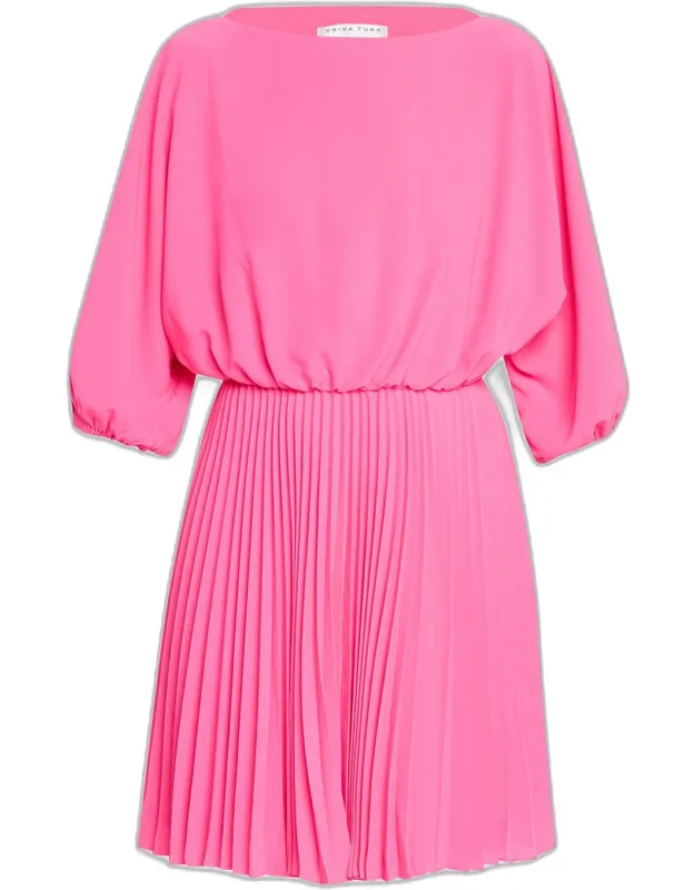 Pleated Blouson-sleeve Mini Dress