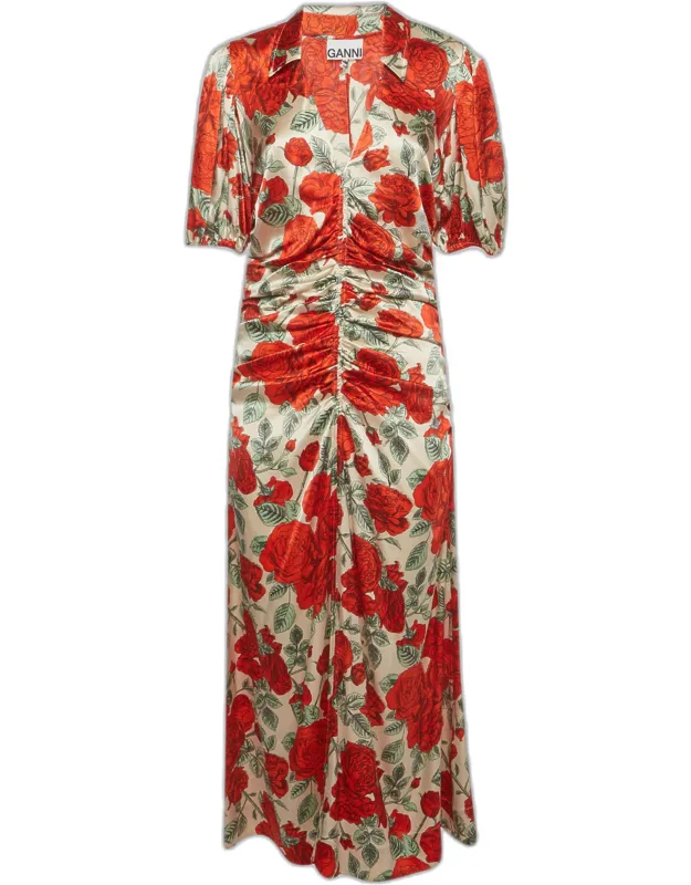 Cream Rose Print Stretch Satin Ruched Midi Dress