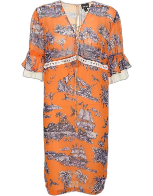 Tropical Pirate Print Chiffon Ruffle Sleeve Shift Dress