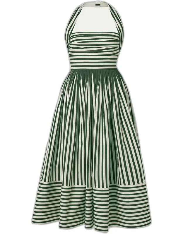 Striped Cotton Pleated Halter Midi Dress