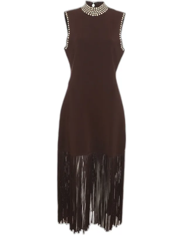 Jersey Cleopatre Fringed Faux Pearl Embellished Midi Dress