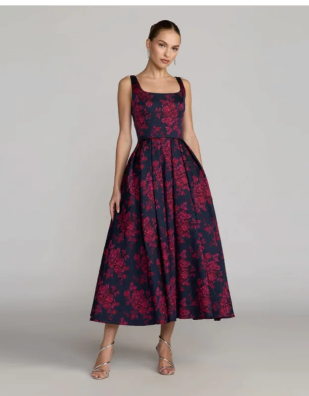 Brocade Floral A-line Dress With Pockets