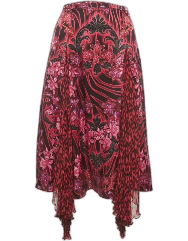 Orchid Print Satin Chiffon Asymmetric Skirt