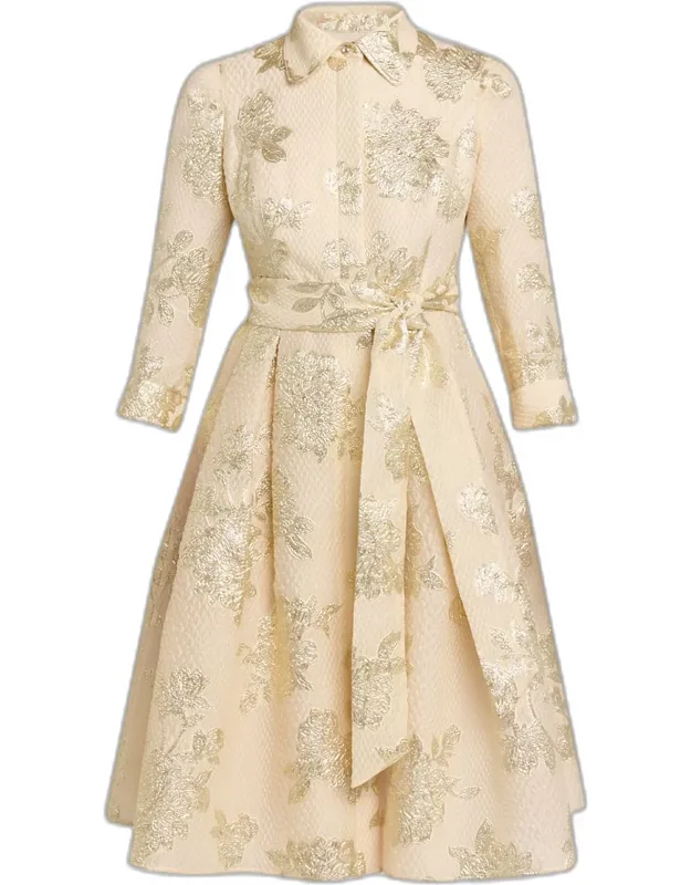 Pleated Metallic Jacquard Midi Shirtdress