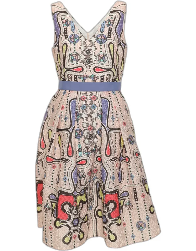 Light Pink Printed 3d Waffle Textured Nylon Blend Belted Circle Dress