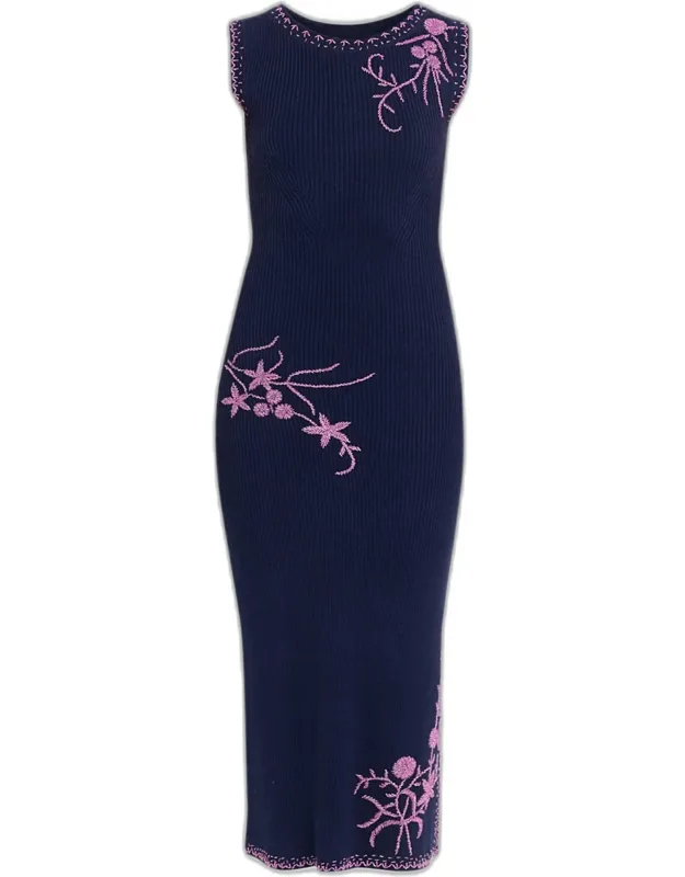 Floral Bead Embroidered Rib Knit Midi Dress