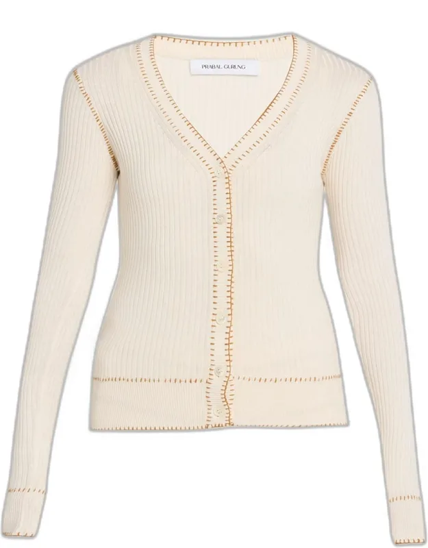 Blanket Stitched Silk-cashmere Rib V-neck Cardigan
