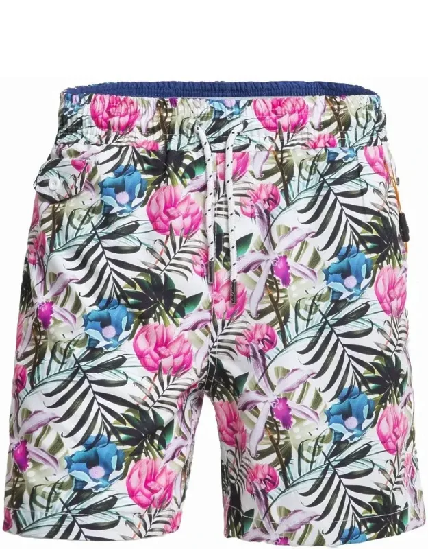 Tropical Flora Print Swim Trunks