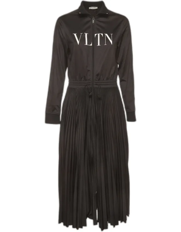 Printed Jersey And Plisse Turtleneck Midi Dress