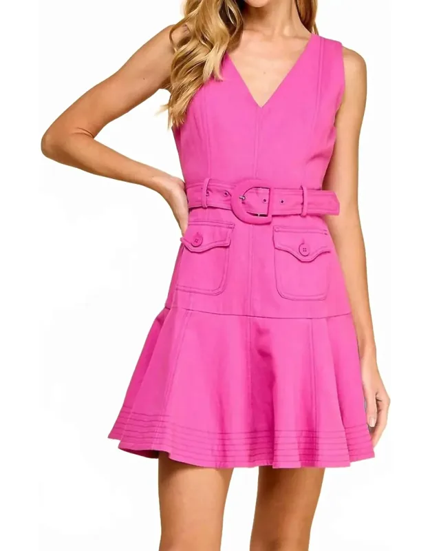 V Neck Belted Ruffle Hem Dress