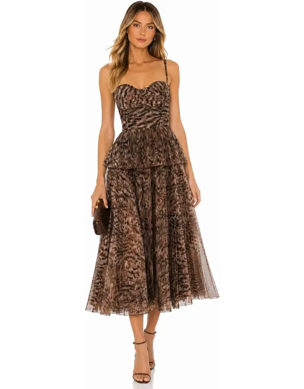 Animal Print Pleated Peplum Midi Dress