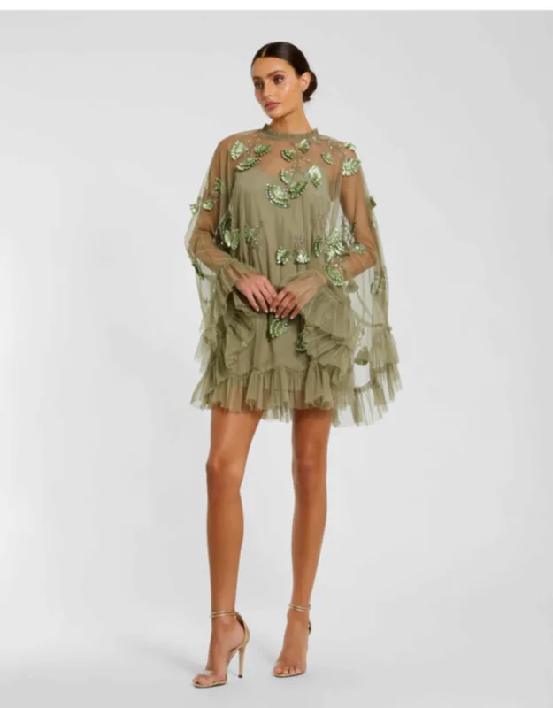 Embellished Long Sleeve Trapeze Dress With Ruffle Hem