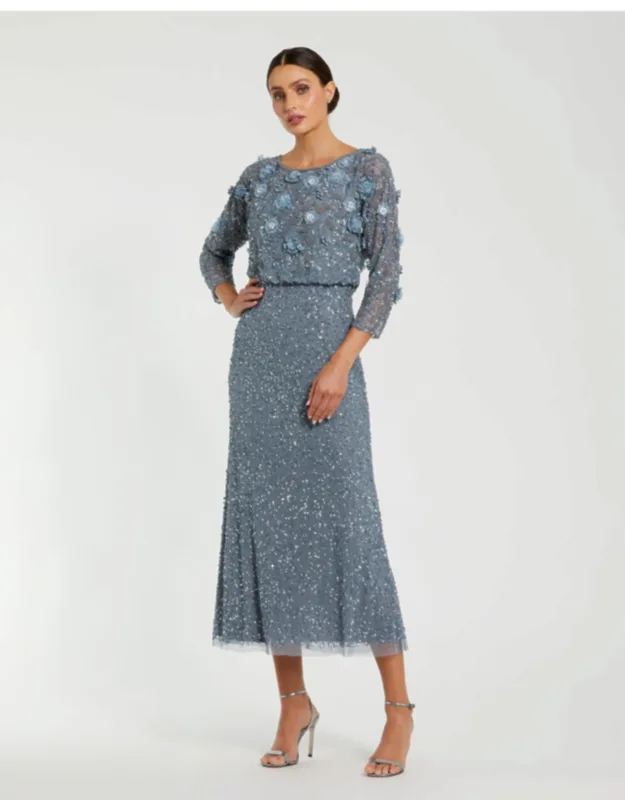 Floral Embellished Midi Dress With 3/4 Sleeves