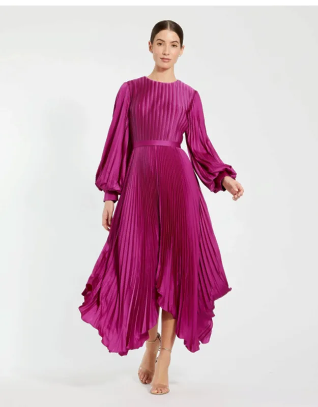 Petite Long Sleeve Pleated Charmeuse Handkerchief Dress