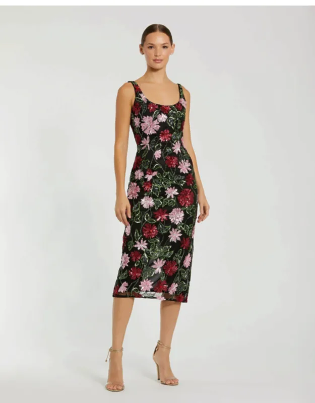 Floral Beaded Scoop Neck Midi Dress