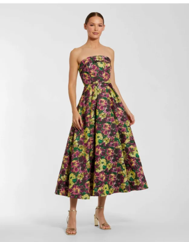 Multicolor Strapless Brocade A-line Midi Dress