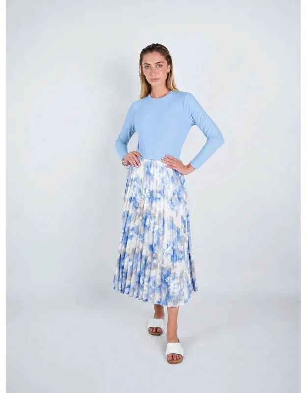 Two Tone Stretch Pleated Midi Dress