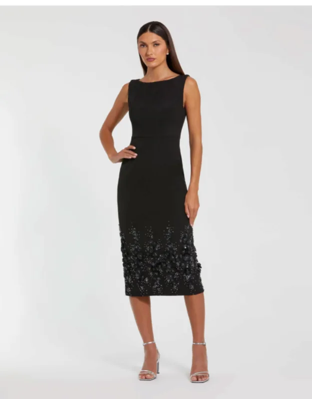Black Crepe Sleeveless Midi Dress With Flower Beading