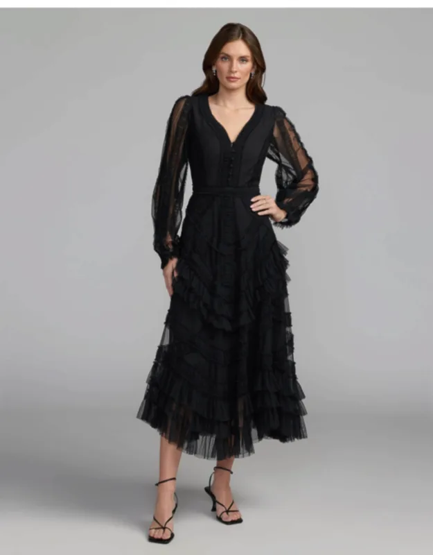 Long Sleeve V-neck Micro Ruffle Midi Dress