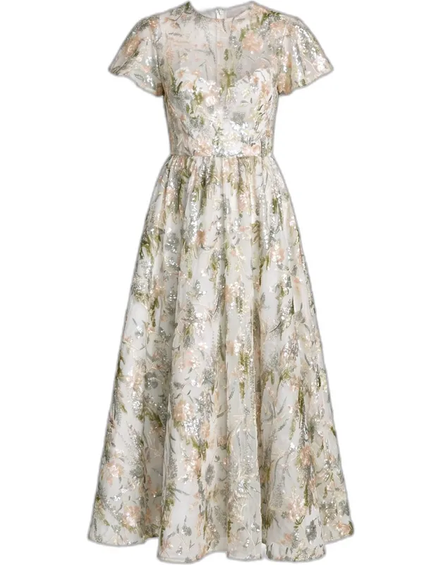 Sequin Floral-embroidered Tulle Midi Dress