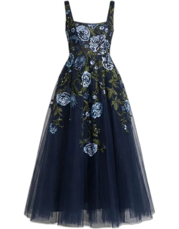 Floral Embroidered Tulle Tea-length Cocktail Dress