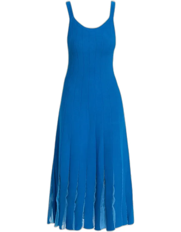 Rib-knit Pleated A-line Midi Dress