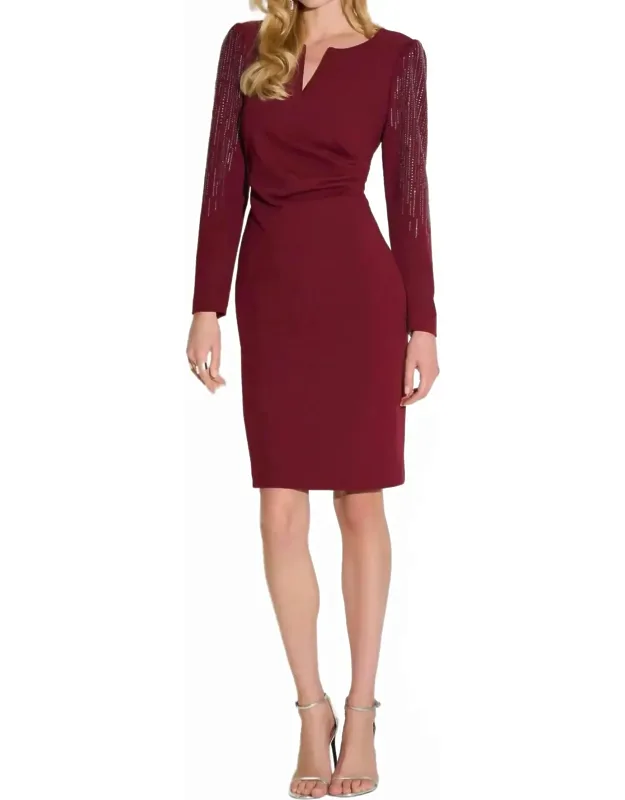 V Neck Embellished Long Sleeve Sheath Dress
