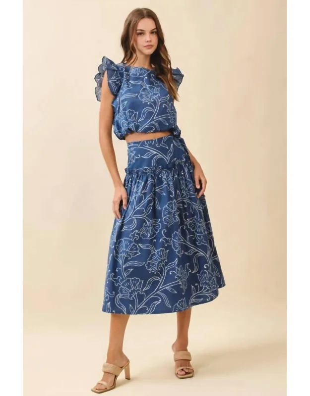 Floral Print A Line Side Tie Wrap Midi Skirt