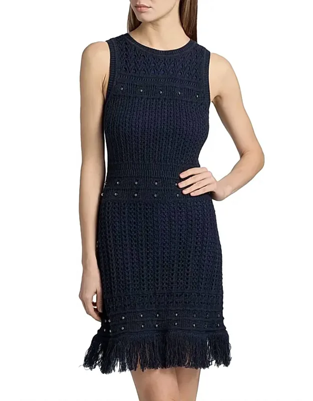 Beaded Fringe Knit Shell Dress