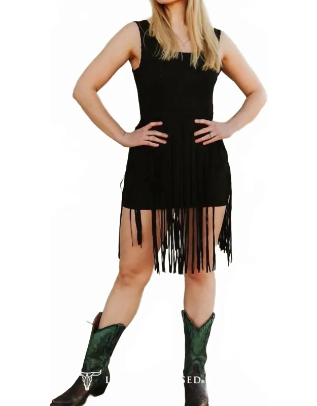Suede Fringe Mini Dress With Whipstitch Detail