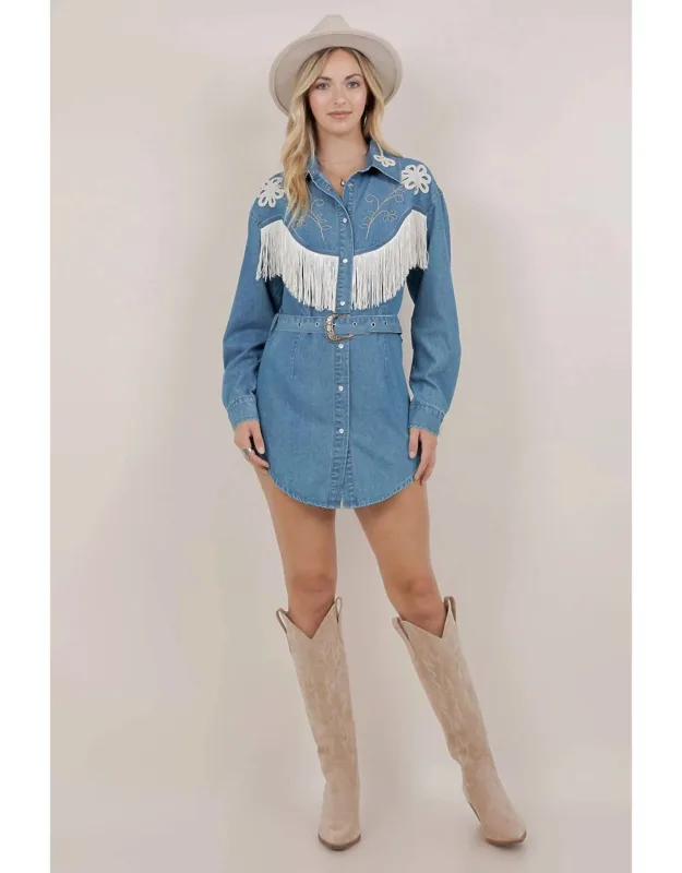 Embroidery Detail Fringe Denim Dress