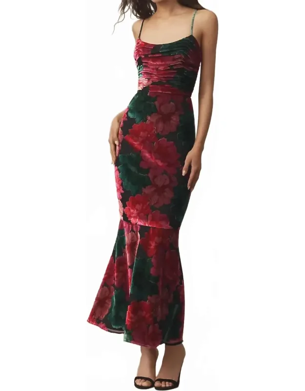 Ruched Floral Velvet Maxi Dress