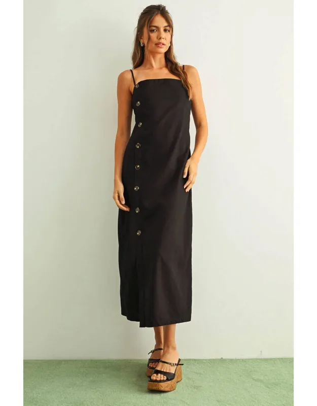 Button Detail Linen Long Dress